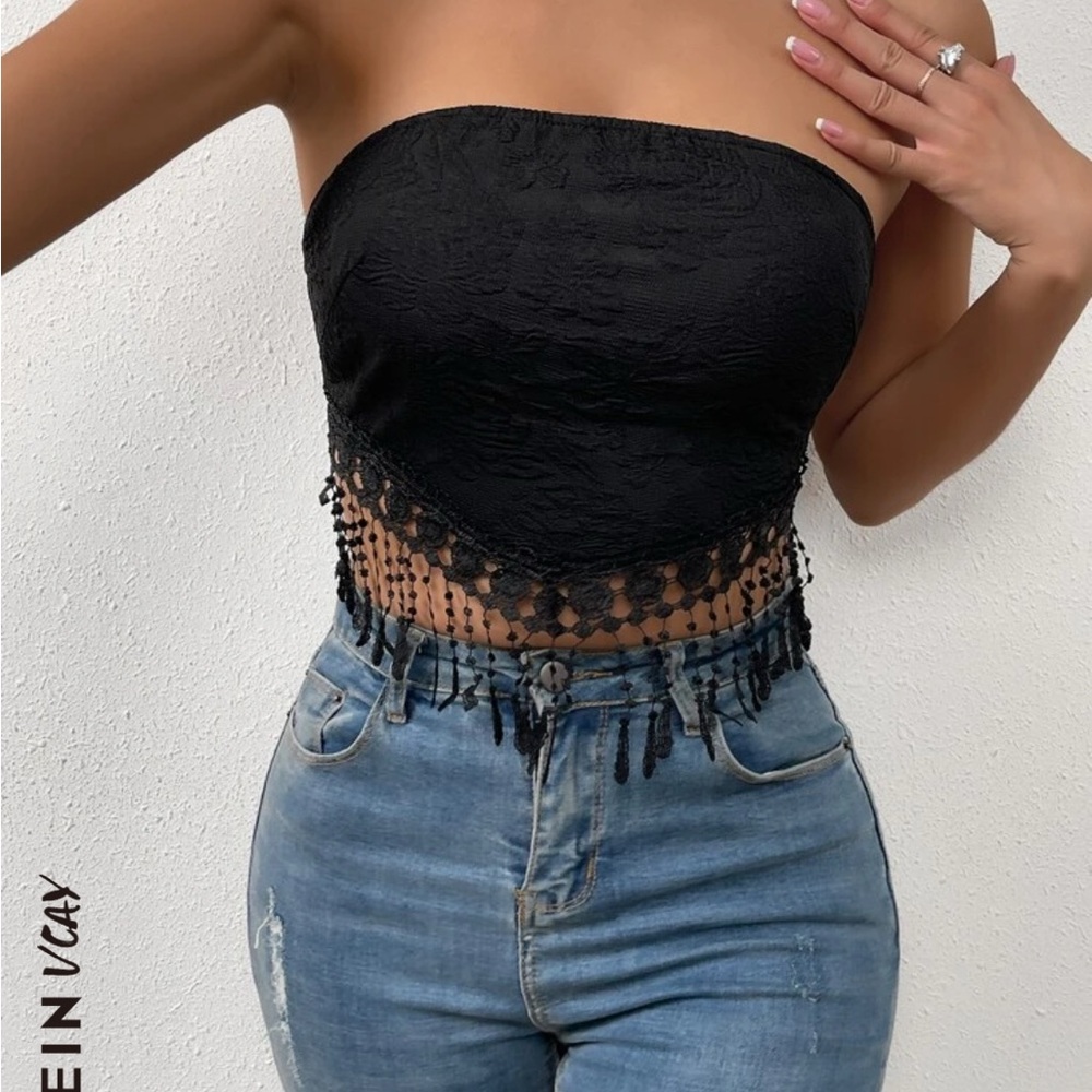 Black Strapless Top with Fringe Detail